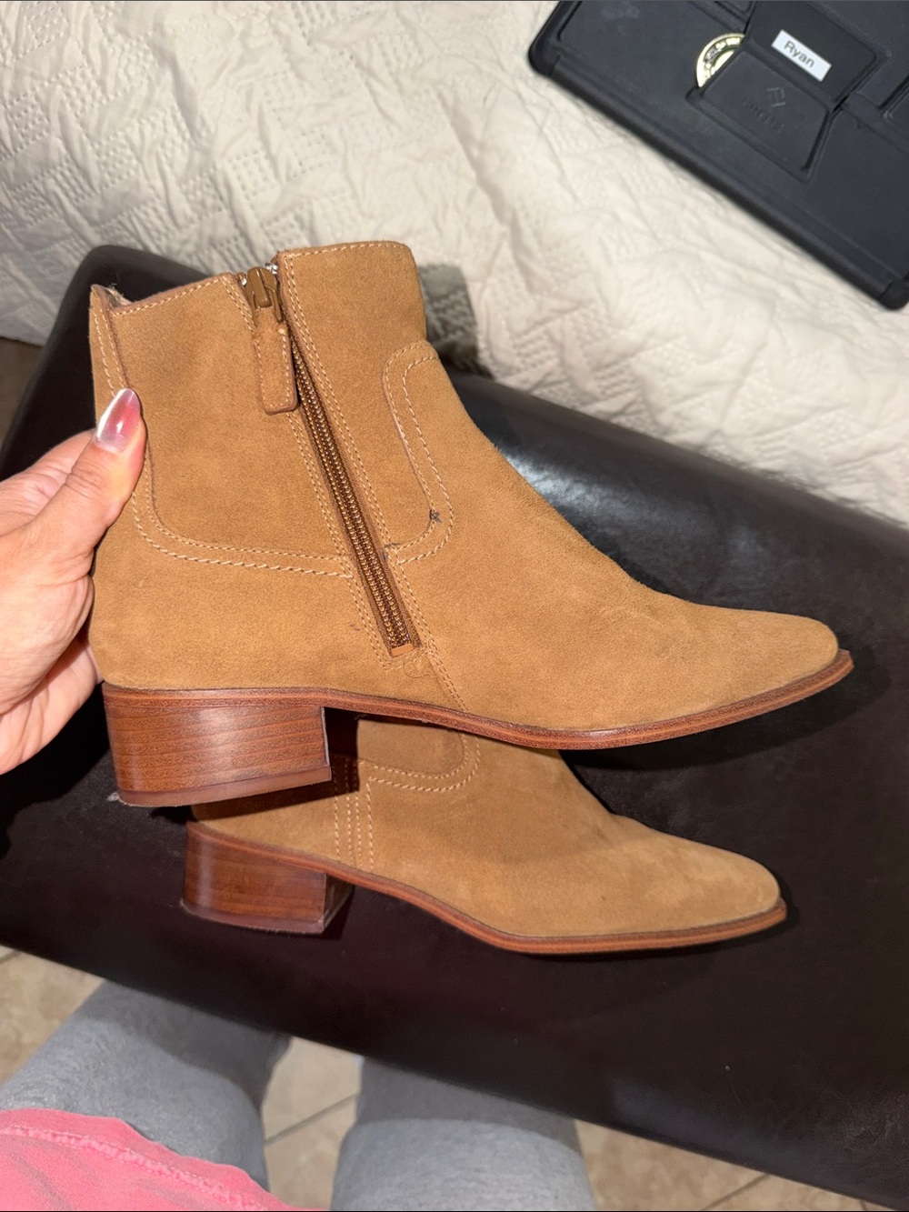 Cole Haan Tan Suede Ankle Booties with Low Block Heel
